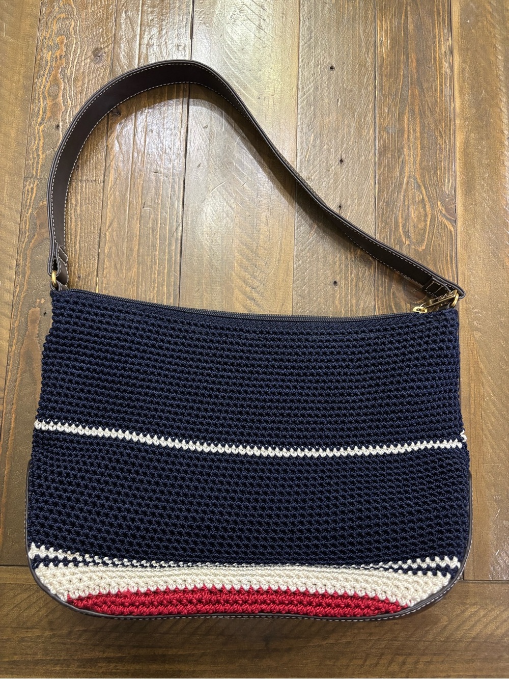 The Sak Navy Crochet Shoulder Bag with Red & Cream Stripes
